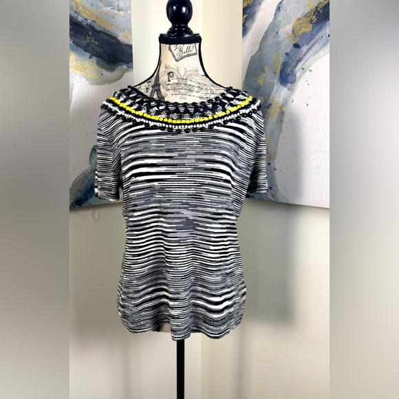 Ruby Rd. Black and White Striped Blouse with Beaded Neckline Accents Size Large - Picture 1 of 9